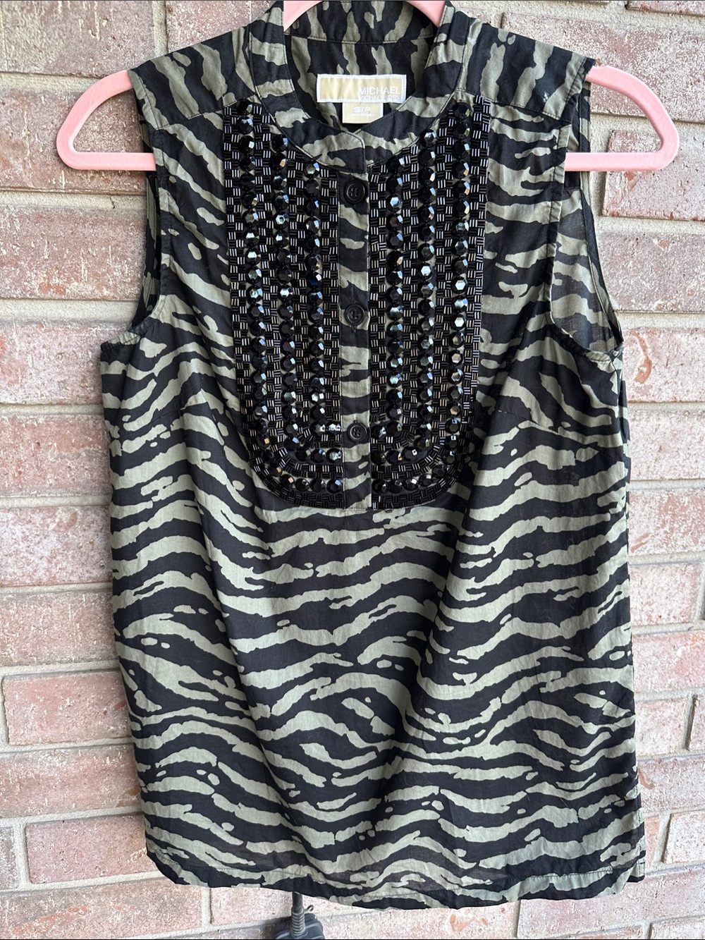 MICHAEL Michael Kors Black and Olive Zebra-Print Beaded Sleeveless Blouse